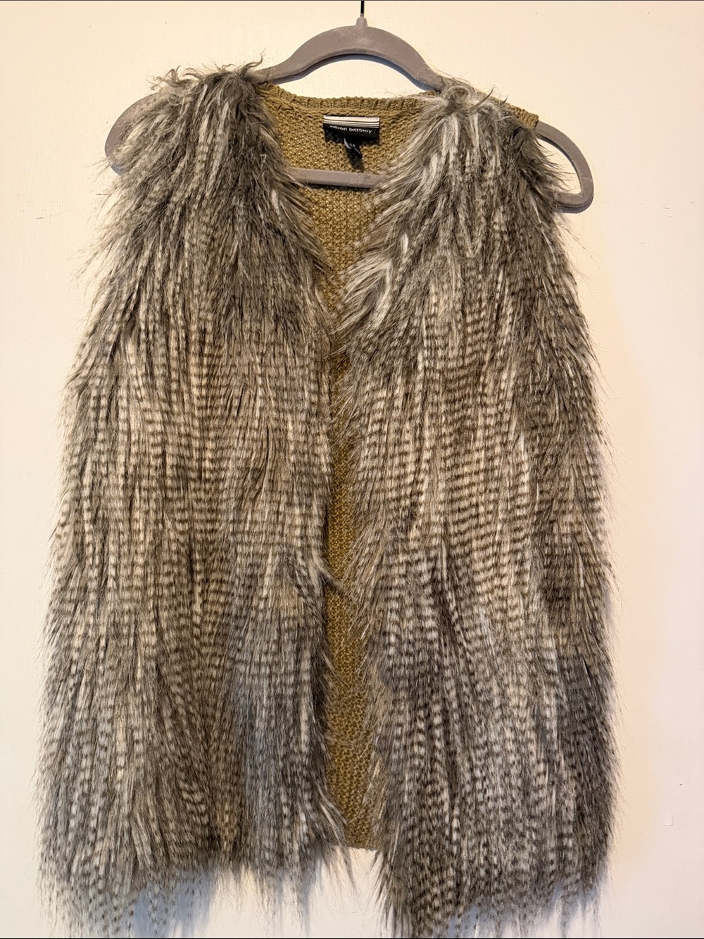 Allison Brittney Taupe Faux Fur Trim Sweater Vest